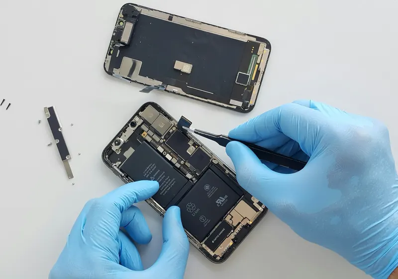 A technician repairing a smartphone