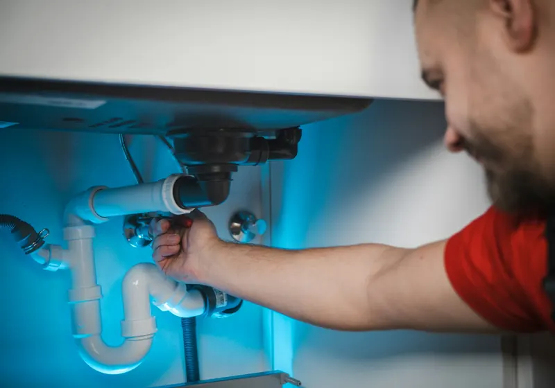 A plumber fixing pipes under a sink